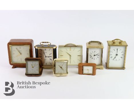 Six clocks, including a Swiza 7 jewel clock approx 12 x 12 cms, Estyma Quartz approx 11.5 x 12 cms, Art Deco W.A Berry &amp; 