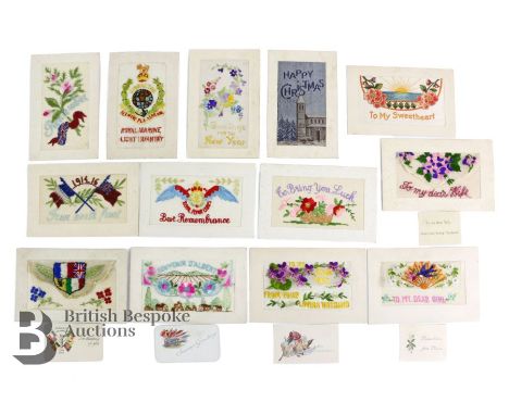 World War One era embroidered silk postcards, includes Royal Marine Light Infantry, Royal Flying Corps, some being envelope d