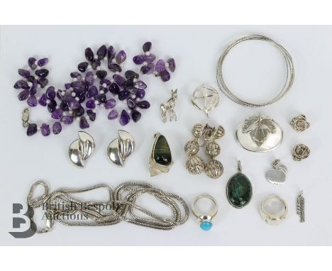 Miscellaneous silver jewellery, including an amethyst beaded necklace approx 62 cms in length; pair of silver filigree drop e