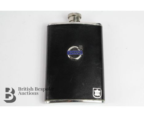 A motoring black leather covered drinks flask for the classic Volvo driver, approx 15 x 10 cms.&nbsp;