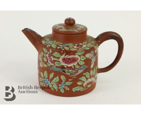 19th century Chinese Yizing clay teapot, famille rose decoration, with impressed mark to base. (af)Condition ReportChip to th
