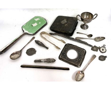 Mixed of silver oddments to include small trophy, cigarette case, three teaspoons, three hallmarked fobs etc, g/w 438gms