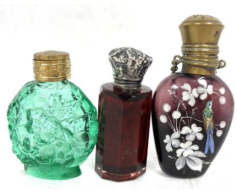 Mixed Lot:  A Victorian mauve glass scent bottle painted with enamel flowers and bird, having a hinged metal lid, a moulded g