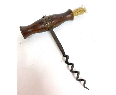 A vintage wooden handled direct pull corkscrew with dusting brush, 13cm long