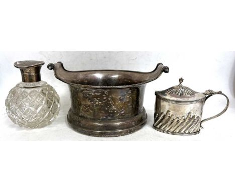 Mixed Lot:  A vintage Pearce &amp; Sons twin handled silver plated coaster, a Victorian oval shaped silver mustard and liner,