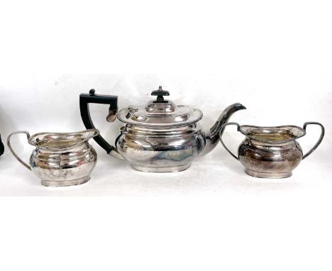 Hallmarked silver three piece tea service comprising teapot, sugar bowl and cream jug, Sheffield 1973, makers mark E H Parkin