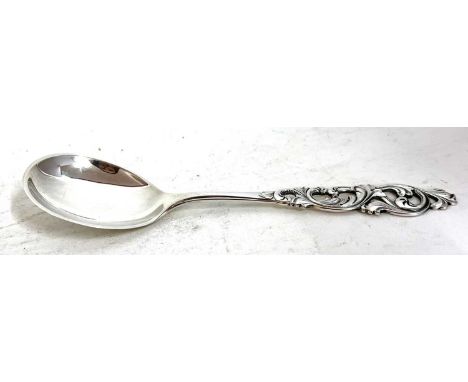 Vintage Norweigan 830S white metal spoon with pierced scrolling foliate handle, 13cm long