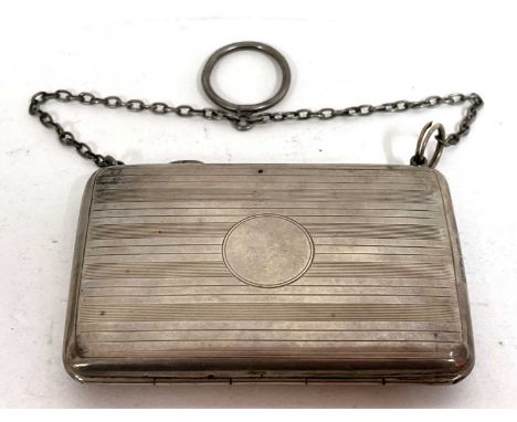 A George V card case with banded engine turned decoration with chain and ring handle, Chester 1914, makers mark rubbed, 65.4g