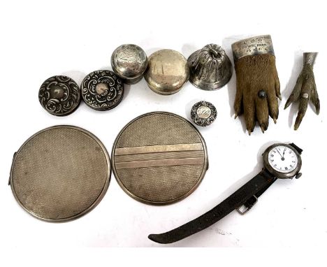 Mixed Lot:  Art Deco ladies silver compact, engine turned detail, Birmingham 1933 (a/f), five silver bottle jar lids, a bell 
