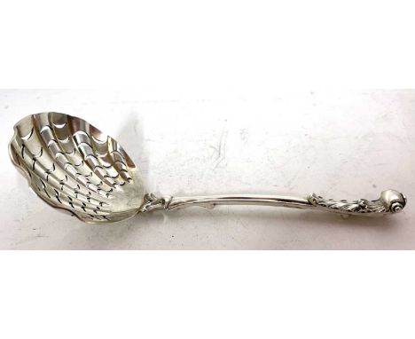 Victorian silver sifter ladle with pierced shell bowl, foliate and shell design cast terminal, hallmarked London 1881, makers