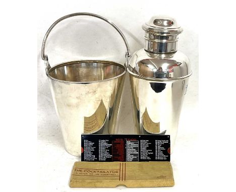 An Elkington &amp; Co silver plated ice bucket and strainer, an Adie Bros silver plated cocktail shaker together with a vinta