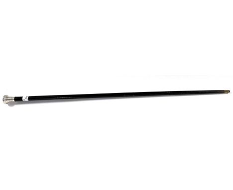 Vintage silver topped walking stick cane, circa 1900 having a chased and engraved detail to collar with a black painted shaft