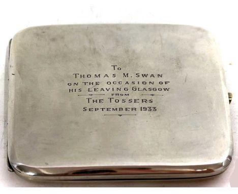A George V silver cigarette case of square plain polished design, one side with personalised engraving, with full length hing