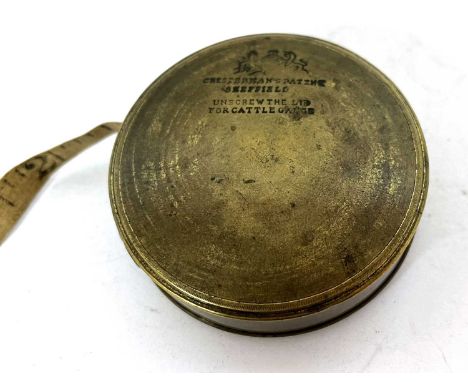 Vintage Chesterman, Sheffield, Cattle Gauge-Measuring Tape, the brass circular case with screw off lid revealing measuring ga