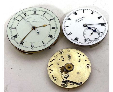 Lot of three pocket watch movements and dials, one by Thomas Russell &amp; Sons complete with white enamel dial and black Rom