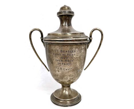 A George V silver twin handled pedestal trophy engraved R.E Beagles, Point to Point 1923, Open Race First Prize and J L H Cha