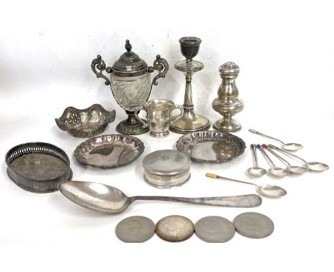 Mixed Lot:  An Austrian silver pepper, single silver candlestick, a continental glass pedestal and metal mustard, silver bon 