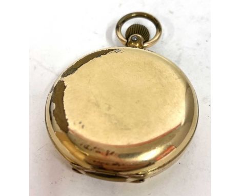 A rolled gold Hunter pocket watch, the pocket watch has a crown wound movement with a white enamel dial and contrasting black