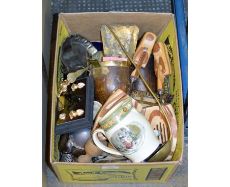 BOX CONTAINING PART COMPANION SET, SHOE STRETCHERS, EGG CUPS, NAPKIN RING, SOUVENIR SPOONS, ADAMS WARE JUG ETC     