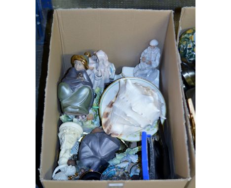 BOX CONTAINING LARGE SEA SHELL, VARIOUS LLADRO STYLE ORNAMENTS, FLORAL POSY ORNAMENT & GENERAL CERAMICS     