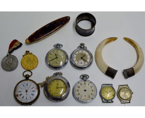 NAIL BUFF, SILVER NAPKIN RING, COMMEMORATIVE ROYALTY MEDAL, VARIOUS POCKET WATCHES ETC     