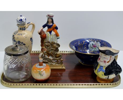 TRAY CONTAINING DELFT DECANTER, STAFFORDSHIRE FIGURE, ORIENTAL VASE, LIDDED JAR, DECORATIVE BOWL ETC     