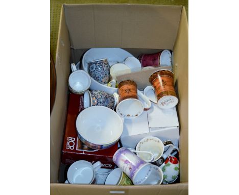 BOX CONTAINING VARIOUS MUGS, CUT CRYSTAL GLASSES, CERAMIC BOWL & GENERAL BRIC-A-BRAC     