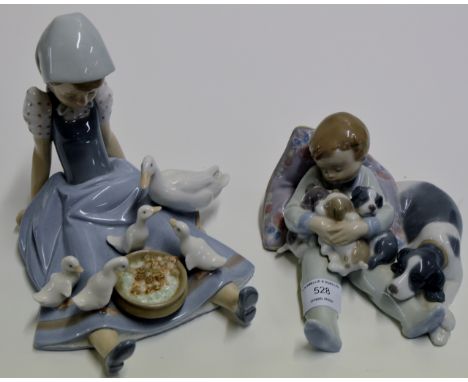 LLADRO FIGURINE ORNAMENT "BOY WITH DOG & PUPPIES" & LLADRO FIGURINE ORNAMENT "GIRL WITH GEESE"     