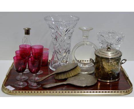 TRAY CONTAINING CUT CRYSTAL VASES, SET OF 6 CRANBERRY STEM GLASSES, SILVER MOUNTED DECANTER, EPNS TEA CADDY, SILVER BACKED HA