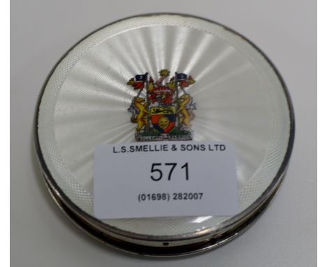 ART DECO BIRMINGHAM SILVER GUILLOCHE ENAMEL CIRCULAR POWDER COMPACT WITH ARMORIAL MOTIF     