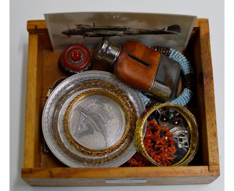 MINIATURE LEATHER BOUND HIP FLASK, VARIOUS EASTERN JEWELLERY, YELLOW METAL BANGLES ETC     