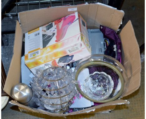 BOX CONTAINING FRUIT BOWL, CAR STEREO, LIGHT SHADE, KEEP FLASK & GENERAL BRIC-A-BRAC     