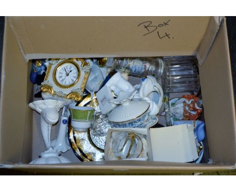 BOX CONTAINING DECORATIVE CLOCK, VARIOUS FIGURINE ORNAMENTS, SCENT BOTTLE & GENERAL CERAMICS     