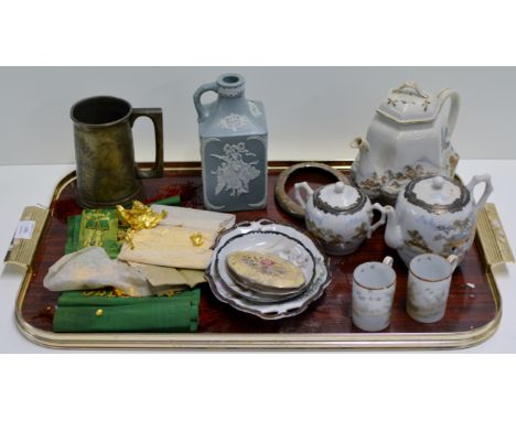 TRAY CONTAINING ORIENTAL TEA WARE, MASONIC STYLE SASH, GOLD LEAF, CHINESE TANKARD, POWDER COMPACT ETC     