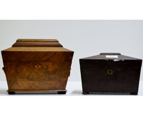 INLAID MAHOGANY & WALNUT SARCOPHAGUS STYLE 2 DIVISION TEA CADDY & 1 OTHER TEA CADDY     
