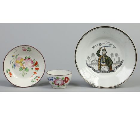 A Don pottery pearlware tea bowl and saucer decorated in coloured enamels with flowers and a Don pottery plate printed and en
