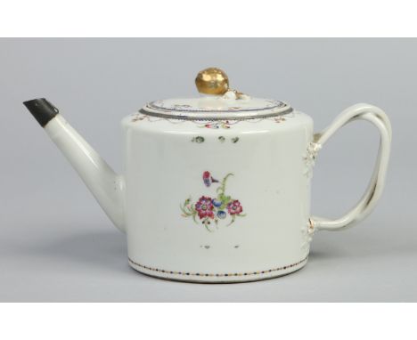 A late 18th century Chinese export teapot and cover. With naturalistic moulded finial, entwined strap handle and coloured in 