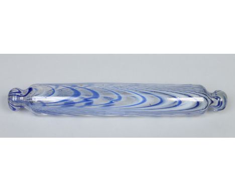 A Victorian glass rolling pin decorated with opaque white and blue stripes, 41cm.   Condition Report. To be used as a guide o