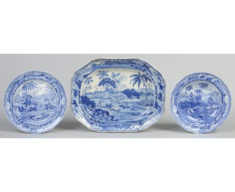 A 19th century English pottery Oriental sports printed meat platter of canted rectangular form along with two Spode plates pr