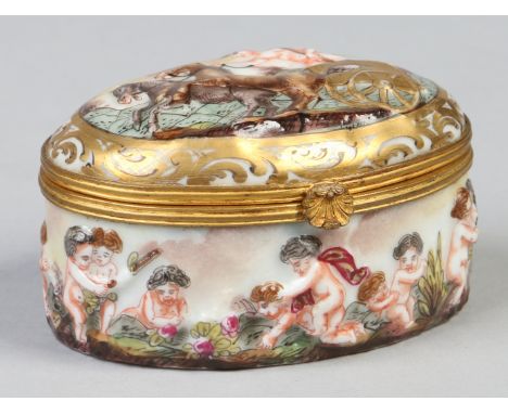 A Capodimonte moulded oval snuff box, decorated in coloured enamels with Classical subjects and with gilt metal mount. Underg