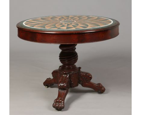 A Victorian mahogany centre pedestal window table with specimen marble inlaid circular top. Raised on a tripod base with carv