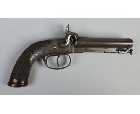 An early 19th century percussion boxlock double barrel side by side pistol by W. Pritchard & Son. With knurled walnut grip in