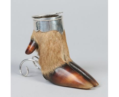 A George V taxidermy silver mounted inkwell. Formed from a hoof, with scrolling rear supports and hinged cover with presentat