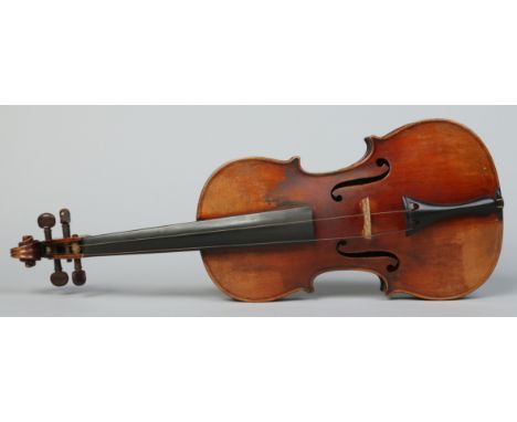 A 19th century French violin in case with a bow. Stamped with a star to the button, 35.75cm.   Condition Report. To be used a