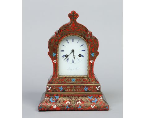 A 19th century French boulle work mantel clock by Leroy of Paris. With arched Gothic style case raised on an ogee bracket pli