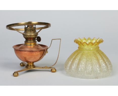 A Benson style brass and copper chamber lamp with yellow tinted crackle glass shade.    Condition Report. To be used as a gui