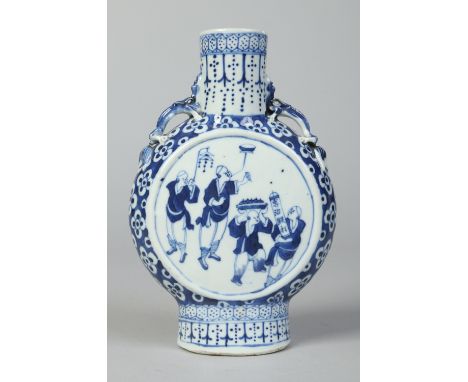 A 19th century Chinese moon flask with dragon moulded handles. Painted in underglaze blue with two panels containing figures,