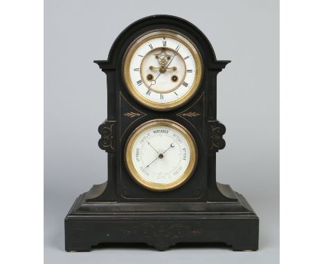 A 19th century slate mantel clock and barometer set. The clock with visible anchor escapement and enamel dial is signed C. Ba