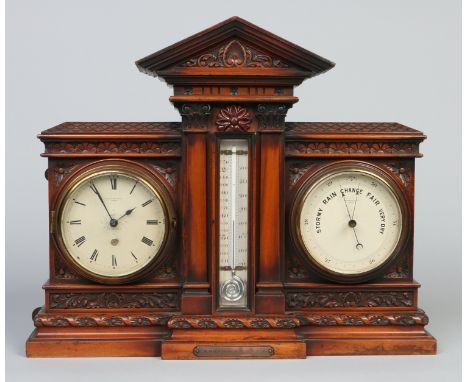 A Victorian timepiece, barometer thermometer set by Short & Mason Ltd, London. In carved walnut case with triangular pediment