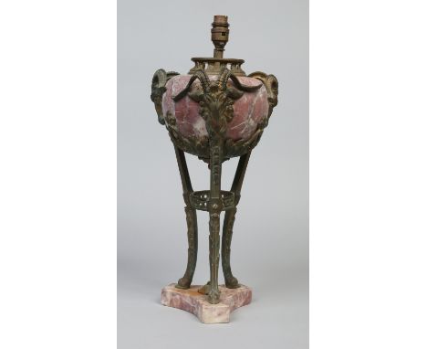 An early 20th century French ormolu and pink breccia marble table lamp in the Adams style, with ram masks and raised on hoof 
